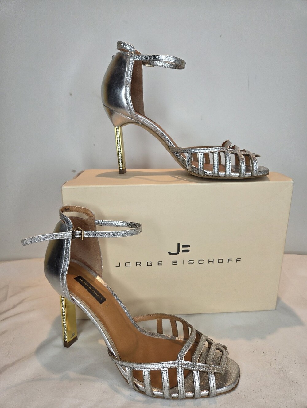 Jorge Bischoff Size 10 Metallic Silver Strappy Ankle-Heel Peep Toe Sandals